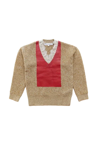 Jw Anderson Lace Trim V Neck Jumper Beige