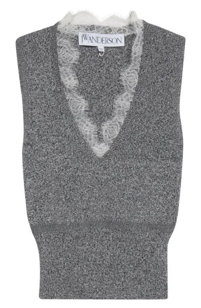 Jw Anderson Lace Trim V-neck Sweater Vest In Black/white