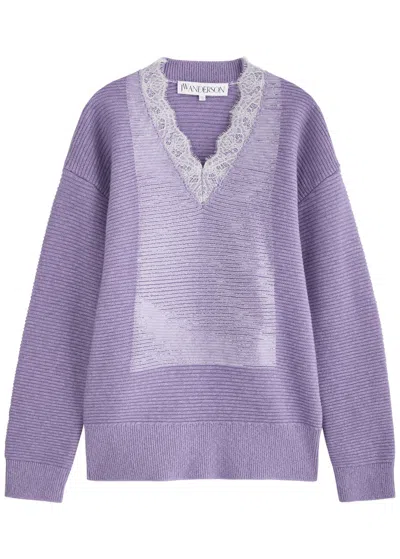 Jw Anderson Lace-trimmed Cotton-blend Jumper In Lilac