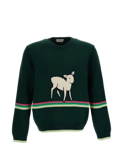 Jw Anderson Lamb-intarsia Striped-trim Sweater In Green