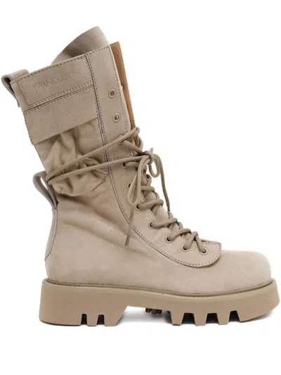 Jw Anderson Leather Combat Boots In Neutral