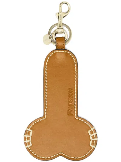 Jw Anderson Contrast Topstitch Leather Penis Keyring In Brown