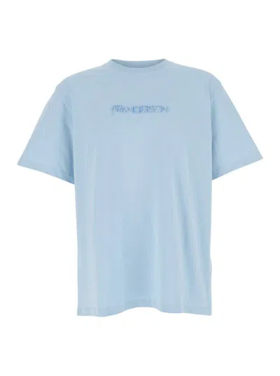 Jw Anderson Light Blue Crewneck T-shirt With Logo Embroidery On The Front In Cotton Man