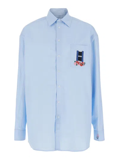 Jw Anderson Light Blue Shirt With Classic Collar And Embroidery Detail On Front And Cuff In Linen An