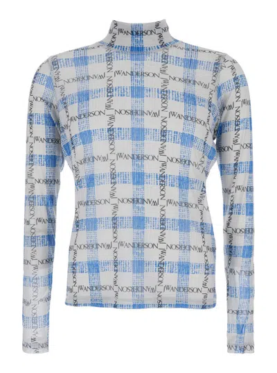 JW ANDERSON LIGHT BLUE TURTLENECK T-SHIRT WITH ALL-OVER CHECK MOTIF AND ALL-OVER LOGO PRINT
