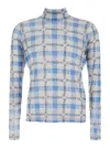 Jw Anderson Light Blue Turtleneck T-shirt With All-over Check Motif And All-over Logo Print In Tech Fabric Stret In Blue