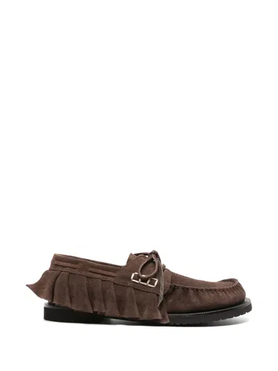 Jw Anderson Loafer Ruffle Suede Boat Shoes In Chocolate Brown In Blue