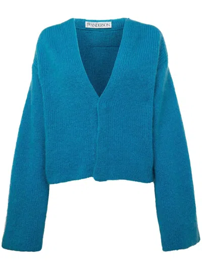 Jw Anderson Logo-appliqué V-neck Cardigan In Blue