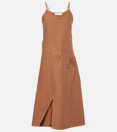 Jw Anderson Logo Asymmetric Cotton Midi Dress In Brown