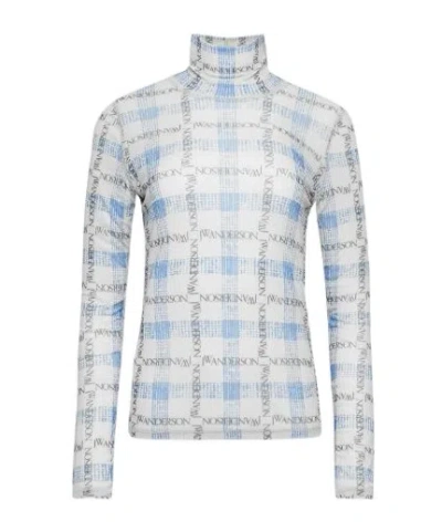 JW ANDERSON JW ANDERSON LOGO GRID CHECK PRINTED SHEER LONG SLEEVED TOP