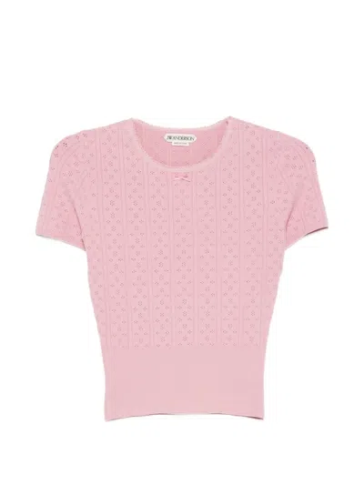 Jw Anderson Pointelle Knit Slim-fit Cotton T-shirt In Pink