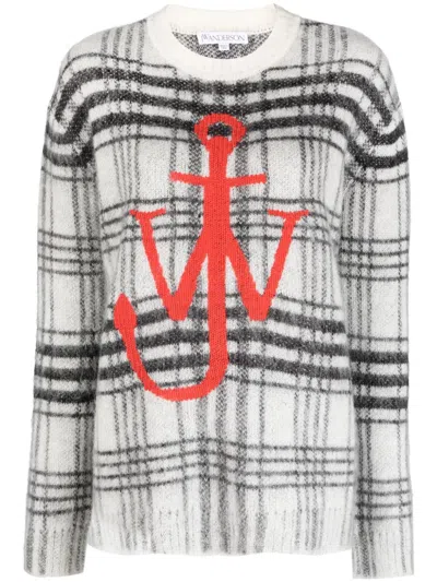 Jw Anderson Logo-embroidered Check-pattern Jumper In White