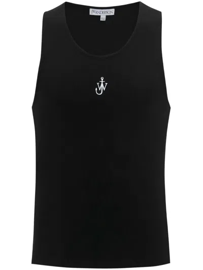 Jw Anderson Logo-embroidered Ribbed-knit Tank Top In Black