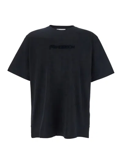JW ANDERSON BLACK CREWNECK T-SHIRT WITH LOGO EMBROIDERY ON THE FRONT IN COTTON MAN