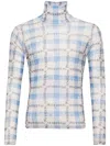 Jw Anderson Light Blue Turtleneck T-shirt With All-over Check Motif And All-over Logo Print In Tech Fabric Stret In Blue