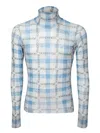 Jw Anderson Light Blue Turtleneck T-shirt With All-over Check Motif And All-over Logo Print In Tech Fabric Stret In White