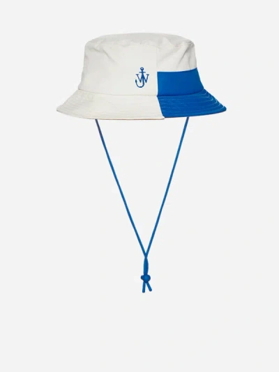 Jw Anderson Logo Nylon-blend Asymmetric Bucket Hat In White,blue