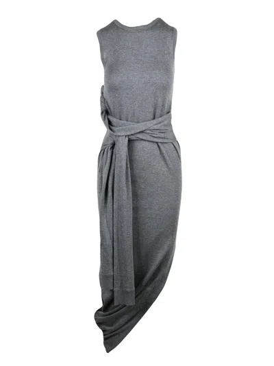Jw Anderson Long Knit Dress With Asymmetrical Hemline And Sculptural Belt In Gray