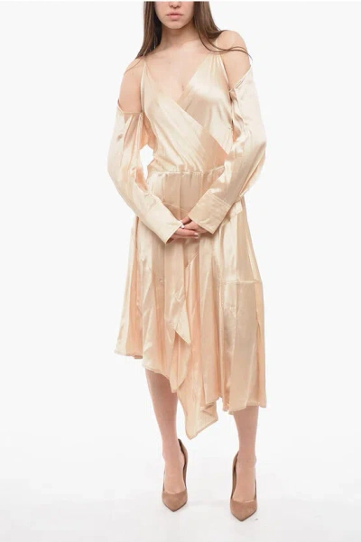Jw Anderson Long Sleeve Satin Dress With Cold Shoulder In Neutral