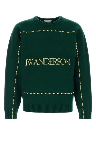 Jw Anderson Wool Sweater Crew Neck Contrast Stitching In Green