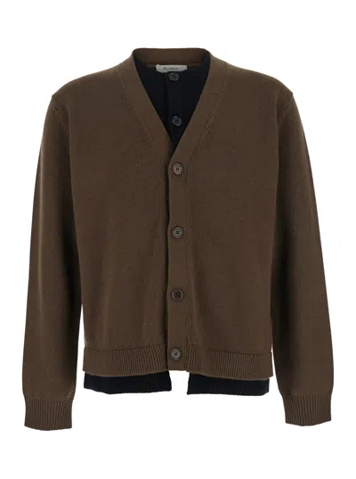 JW ANDERSON JW ANDERSON MEN BROWN CARDIGAN WITH V-NECK AND LAYERED DESIGN IN FABRIC MAN