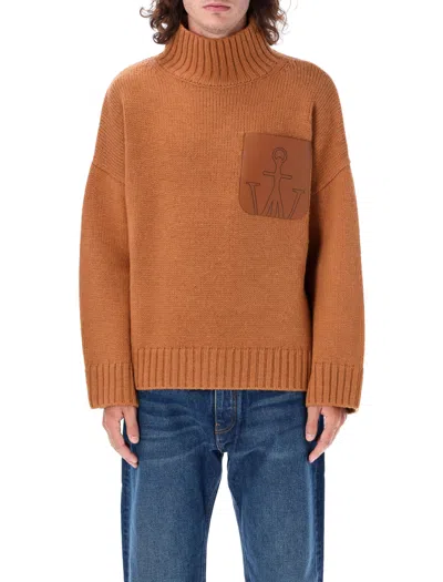 Jw Anderson Leather Patchpocket High Neck Knit In Brown