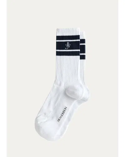 Jw Anderson Men's Ribbed Stripe Monogram Mid-calf Sport Socks In White