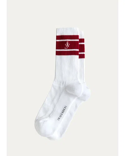 Jw Anderson Men's Ribbed Stripe Monogram Mid-calf Sport Socks In White