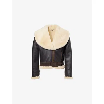 Jw Anderson Mens Dark Brown Oversized-collar Sheepskin Leather Aviator Jacket