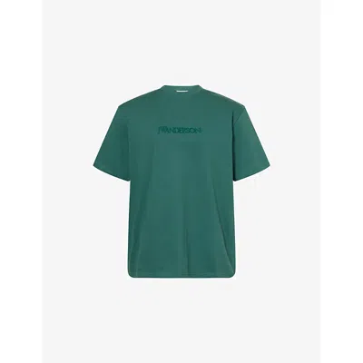 Jw Anderson Mens Dark Green Embossed Logo-embroidery Crewneck Cotton T-shirt