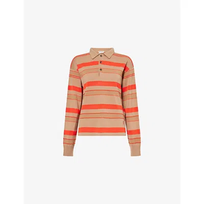 Jw Anderson Mens Biscuit Striped Rugby-collar Knitted Polo Top In Brown
