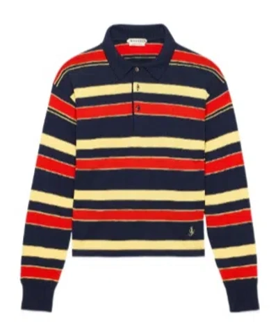 Jw Anderson Mens Knitted Striped Rugby Polo Top In Navy In Multi