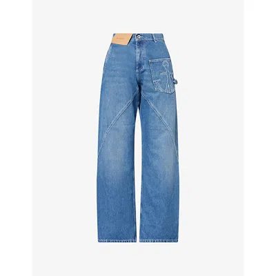 Jw Anderson Mens Light Blue Twisted Workwear Denim Jeans In Animal Print