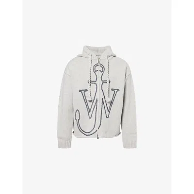 Jw Anderson Mens Light Grey Melange Anchor Zip-up Knitted Wool Hoody Xl In Gray