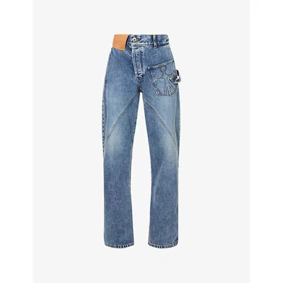 Jw Anderson Mens Mid Blue Asymmetric Twisted Waistband Denim Jeans