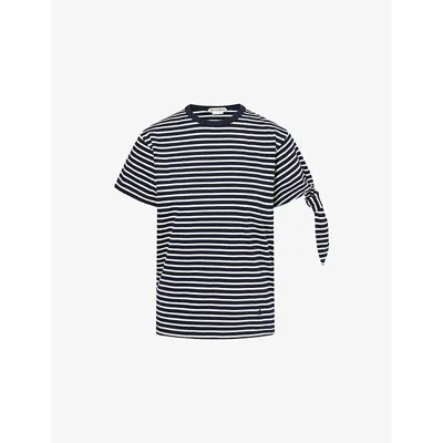 Jw Anderson Mens Navy Ecru Knotted-sleeve Striped Cotton-jersey T-shirt Xs In Black