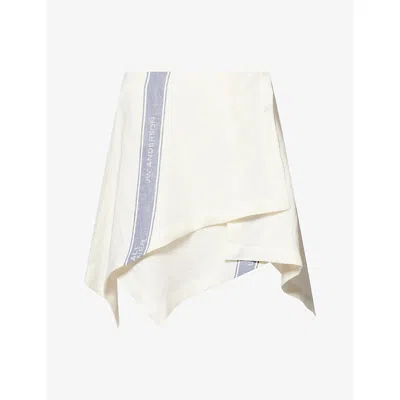 Jw Anderson Mens Off White Blue Panelled Handkerchief-drape Linen Mini Skirt In Metallic