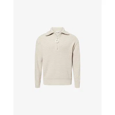 JW ANDERSON MENS SAND/STONE STRIPED HALF-ZIP KNITTED JUMPER