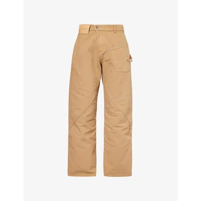 Jw Anderson Mens Twisted Workwear Panelled Wide-leg Cotton Trousers Flax