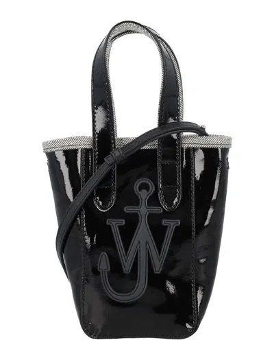 Jw Anderson Mini Belt Tote Bag In Coated Denim In Black