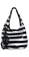 Jw Anderson Mini Striped Sequined Tote Bag In Black/silver