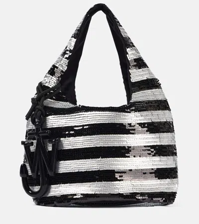 Jw Anderson Mini Striped Sequined Tote Bag In Black