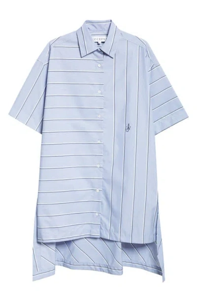 Jw Anderson Mixed Stripe High-low Shirtdress In Glacier Blue