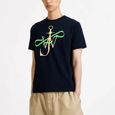 Jw Anderson Navy Blue T-shirt With Logo Print In Black