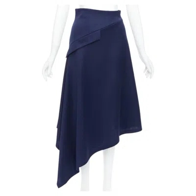 Pre-owned Jw Anderson Navy Flap Front Bias Cut Asymmetric Midi Skirt Uk8 S In Blue