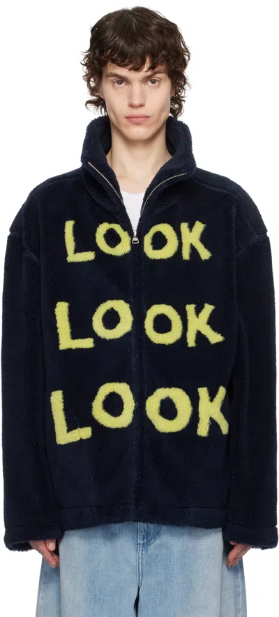 JW ANDERSON NAVY 'LOOK LOOK LOOK' ZIP FRONT JACKET
