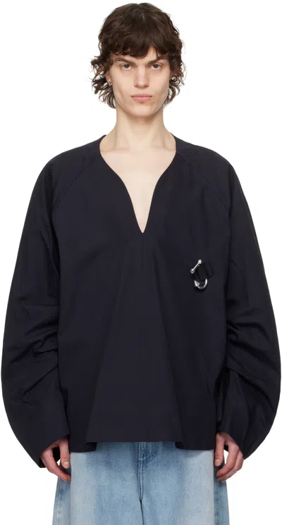 Jw Anderson Navy Oversized V-neck Gathered Sleeve Sweater In 888
