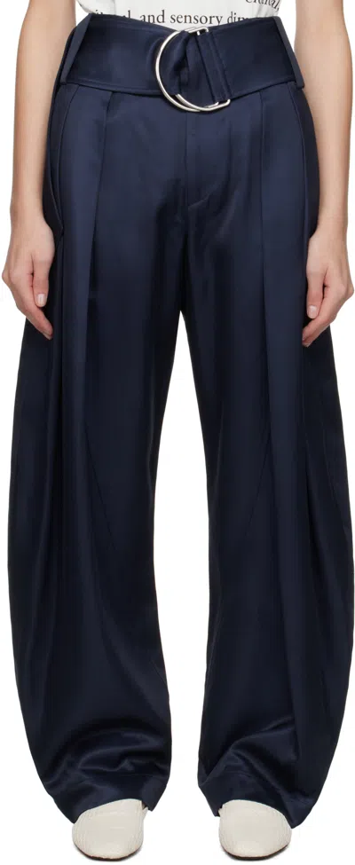 JW ANDERSON NAVY PLEATED D-RING TROUSERS