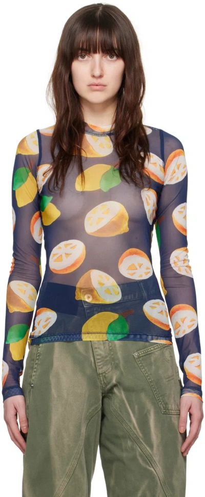 Jw Anderson Navy Semi-sheer Long Sleeve T-shirt In 888 Navy