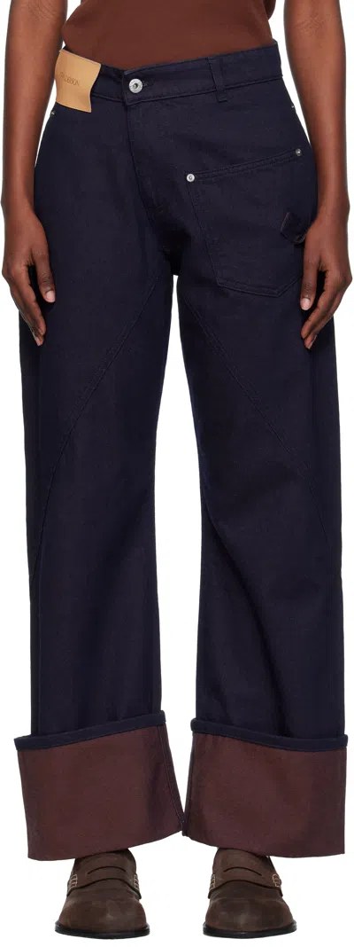 Jw Anderson Navy Turn Up Twisted Workwear Jeans In Blue